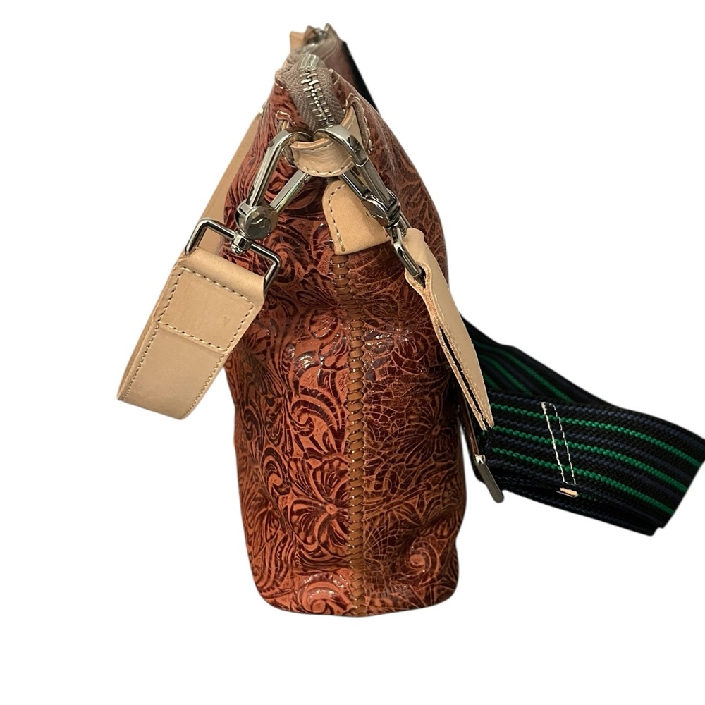 Consuela Brown Tooled Leather Sally Hobo Crossbody with leather & woven straps - Picture 4 of 14